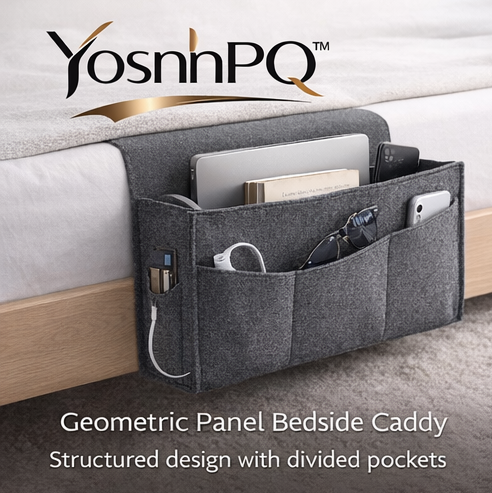 YosnhPQ™ Geometric Panel Bedside Caddy – Structured Hanging Organizer with Divider Pockets for Bed, Couch & Dorm Storage