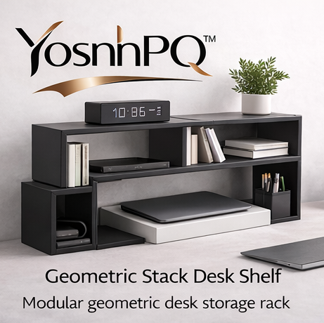 YosnhPQ™ Geometric Stack Desk Shelf – Contemporary Modular Desktop Organizer Rack for Office Supplies, Books & Monitor Stand