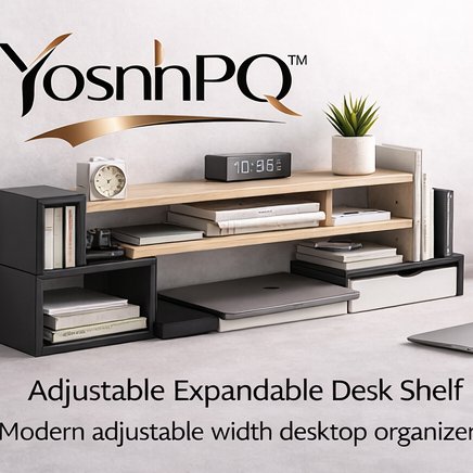 YosnhPQ™ Adjustable Expandable Desk Shelf – Modern Extendable Desktop Organizer for Monitor, Laptop & Office Storage